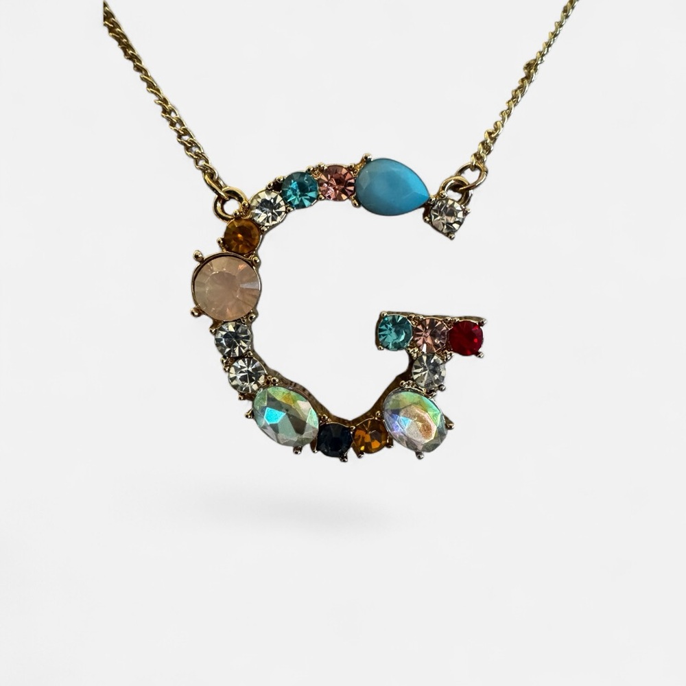 Initial G Necklace w Multicolor Gemstones - Picture 3 of 5